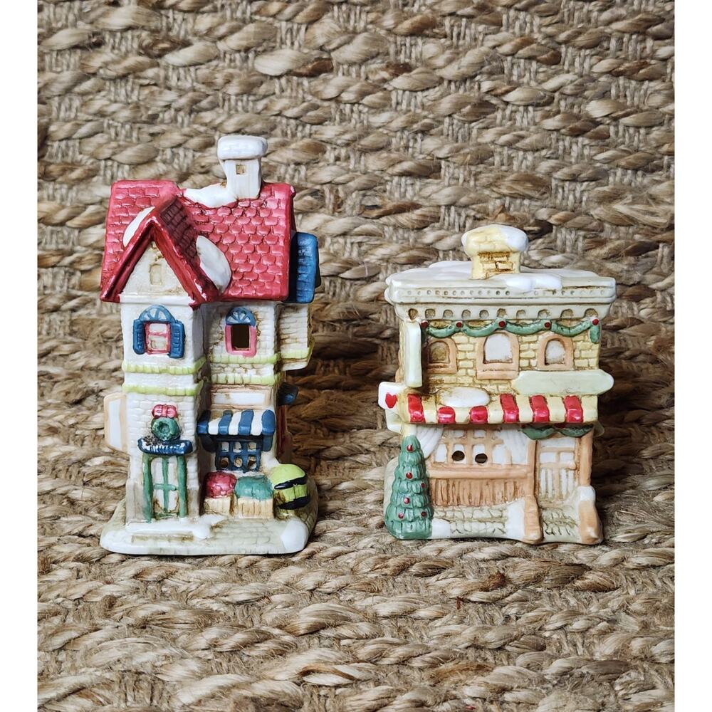 2 Vintage Mini Christmas Village Tea Lights 1990s Holiday Decor Porcelain